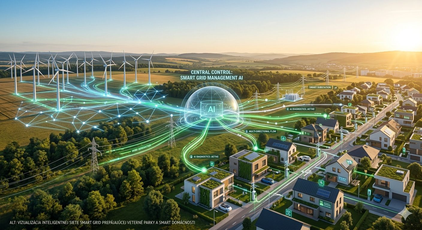 Vizualizácia inteligentnej siete Smart Grid prepájajúcej veterné parky a smart domácnosti