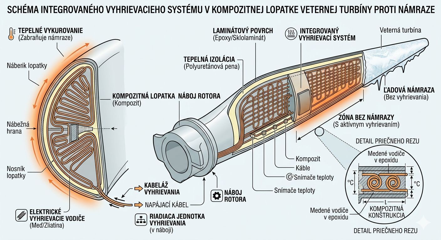 Schéma integrovaného vyhrievacieho systému v kompozitnej lopatke veternej turbíny