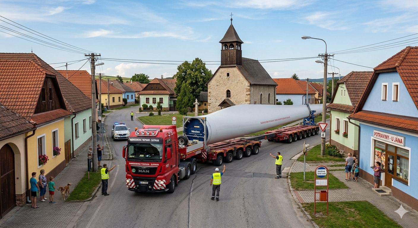 Nadrozmerný náklad prepravujúci lopatku veternej turbíny cez obec