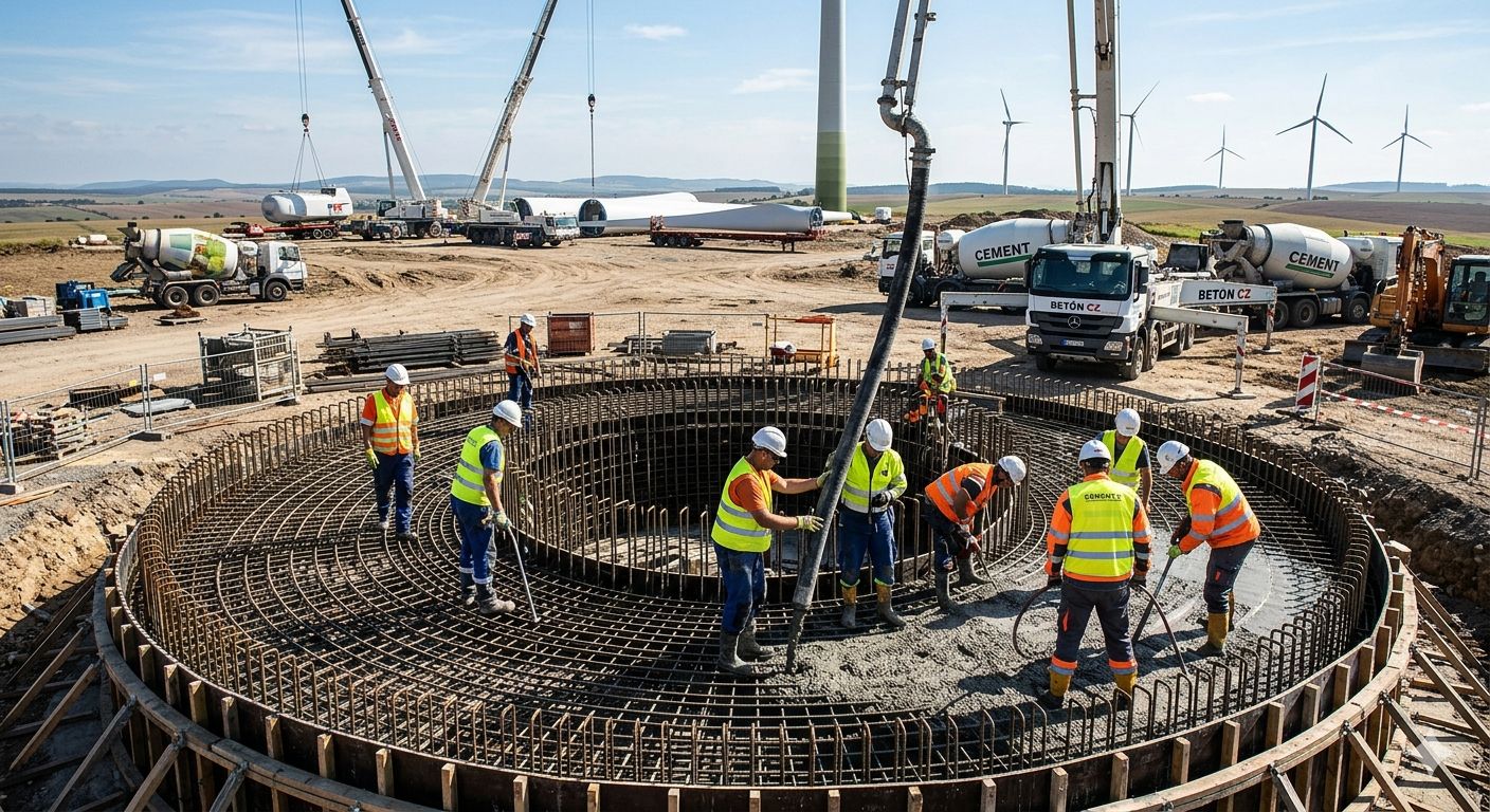 Pracovníci v reflexných vestách pri betonáži základov veternej turbíny