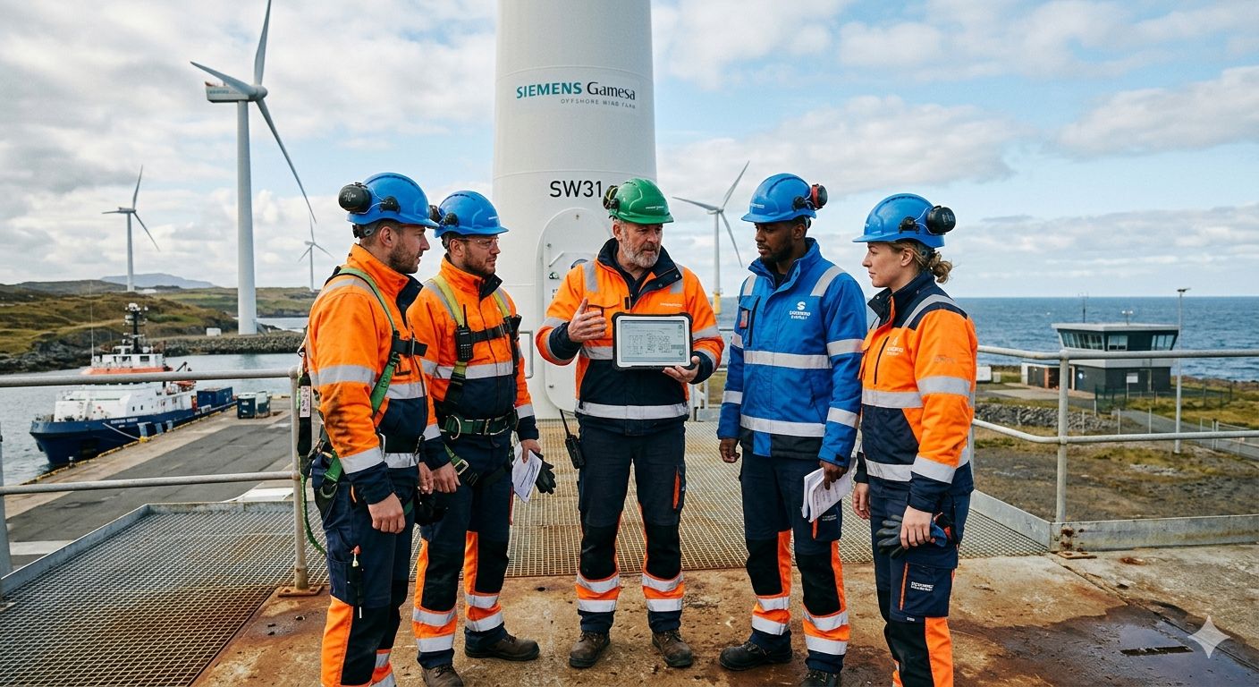 Tím technikov veternej energie v ochranných prilbách počas brífingu