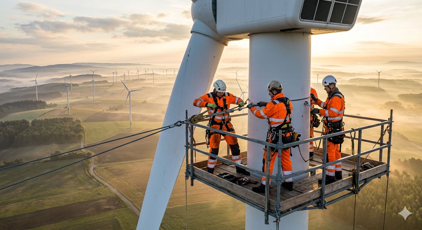 Tím servisných technikov v postroji vykonávajú kotvenie veternej turbíny