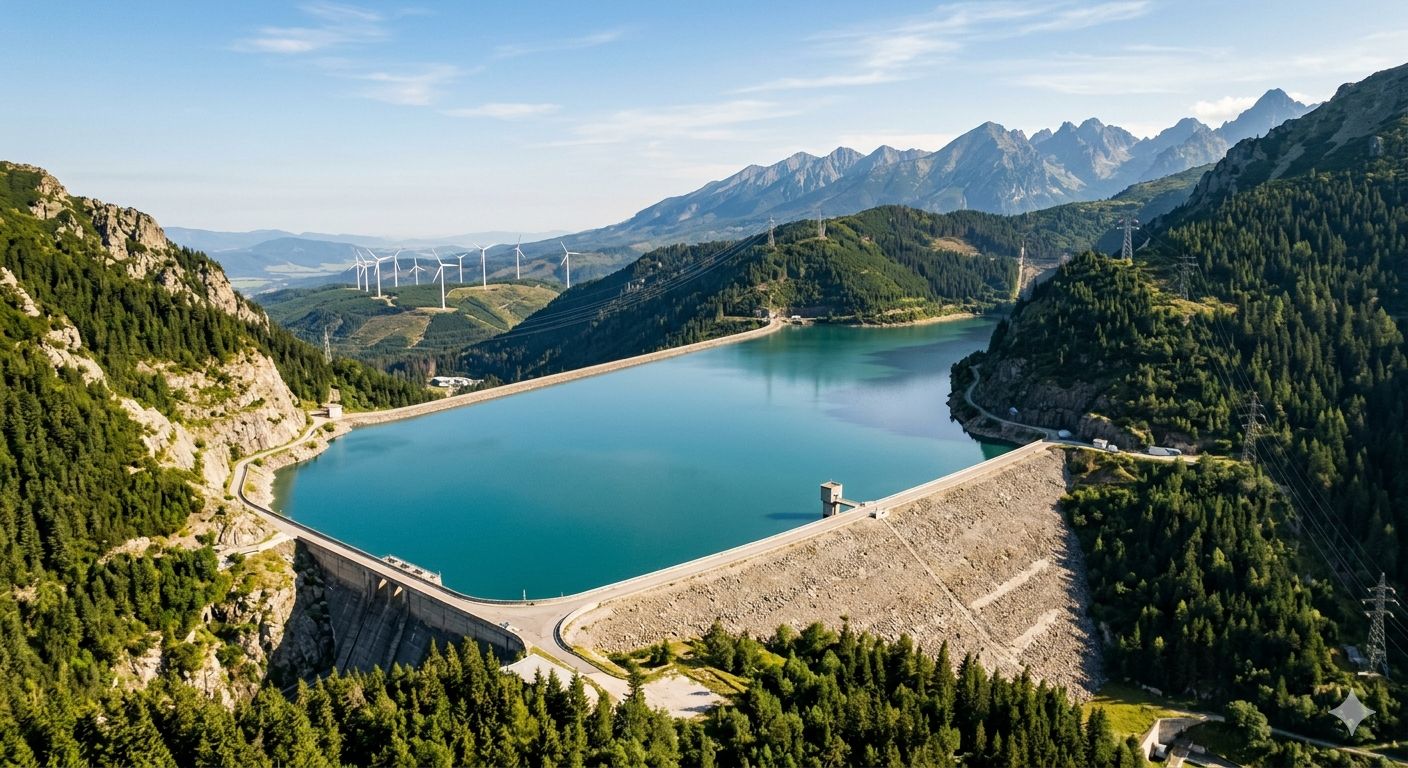 Pohľad na hornú nádrž prečerpávacej vodnej elektrárne v horskom teréne