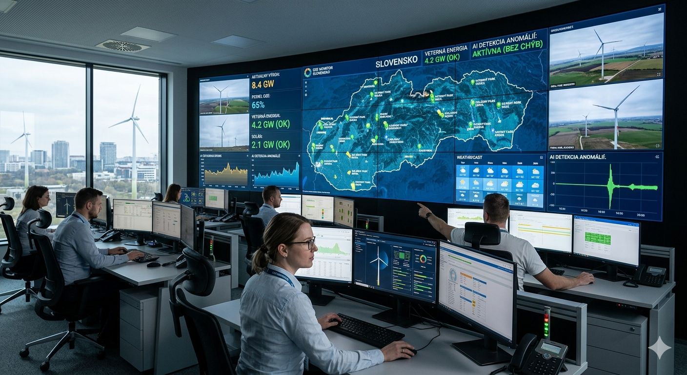 Moderné riadiace centrum s operátormi monitorujúcimi veterné elektrárne na diaľku