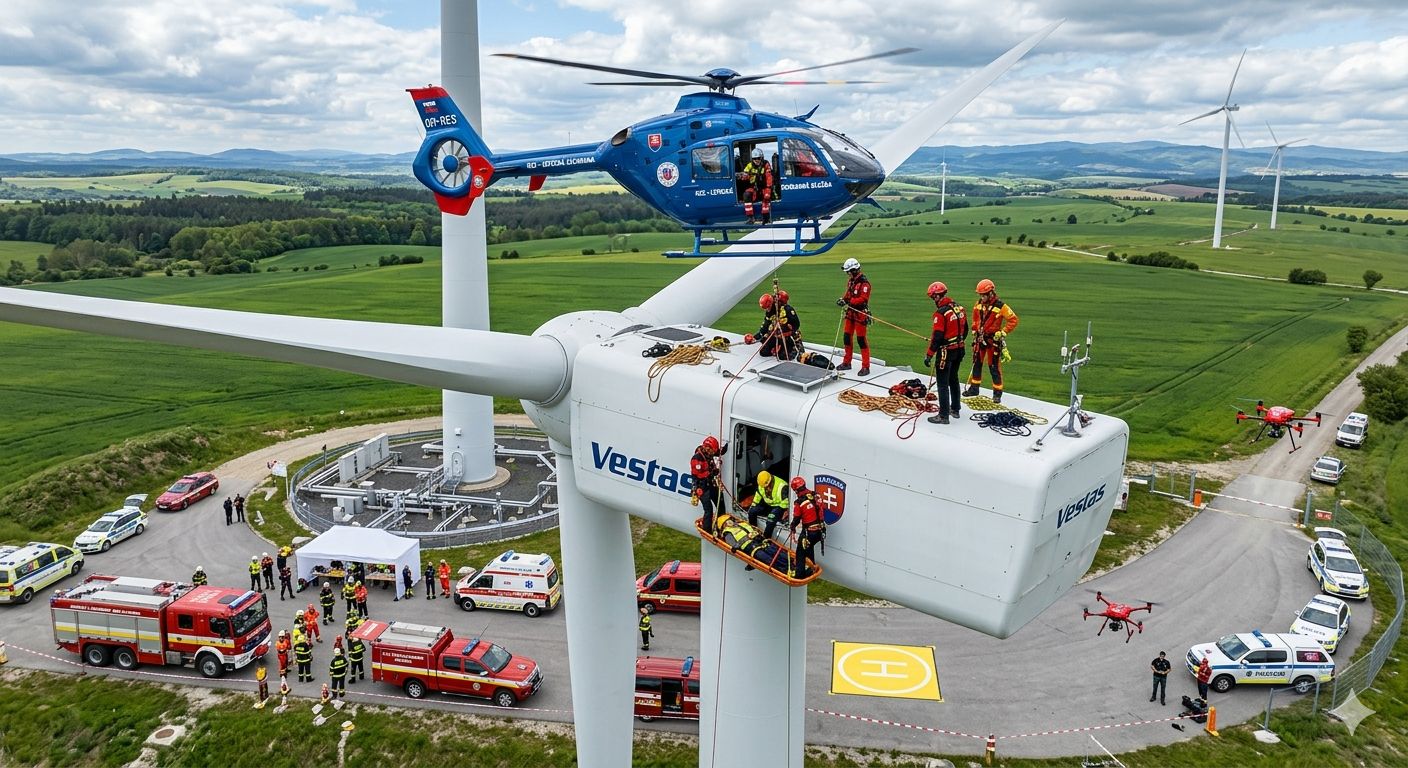 Nácvik záchrany technika z gondoly veternej turbíny hasičskými lezcami