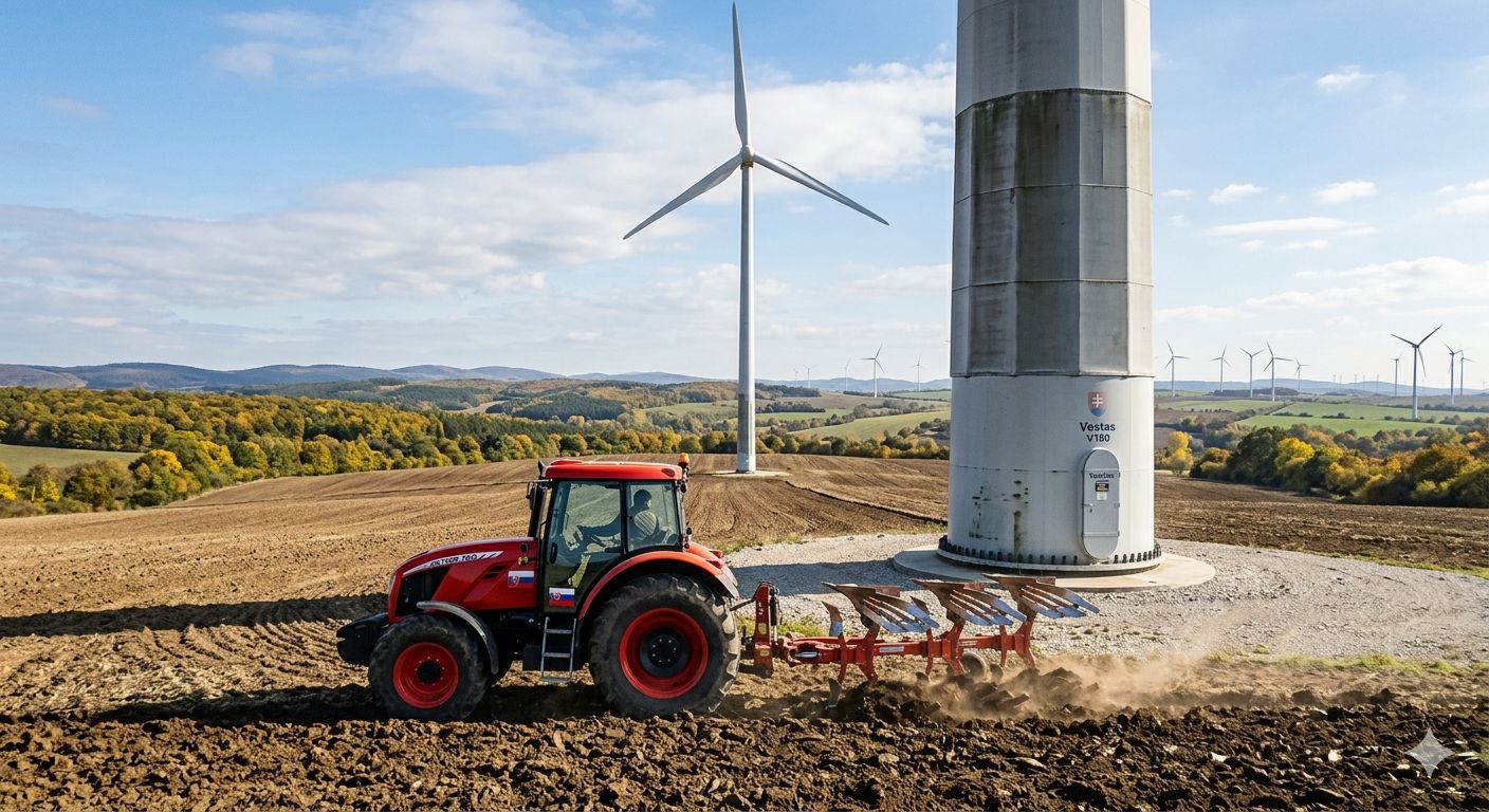 Traktor orúci pole v tesnej blízkosti stožiara veternej turbíny