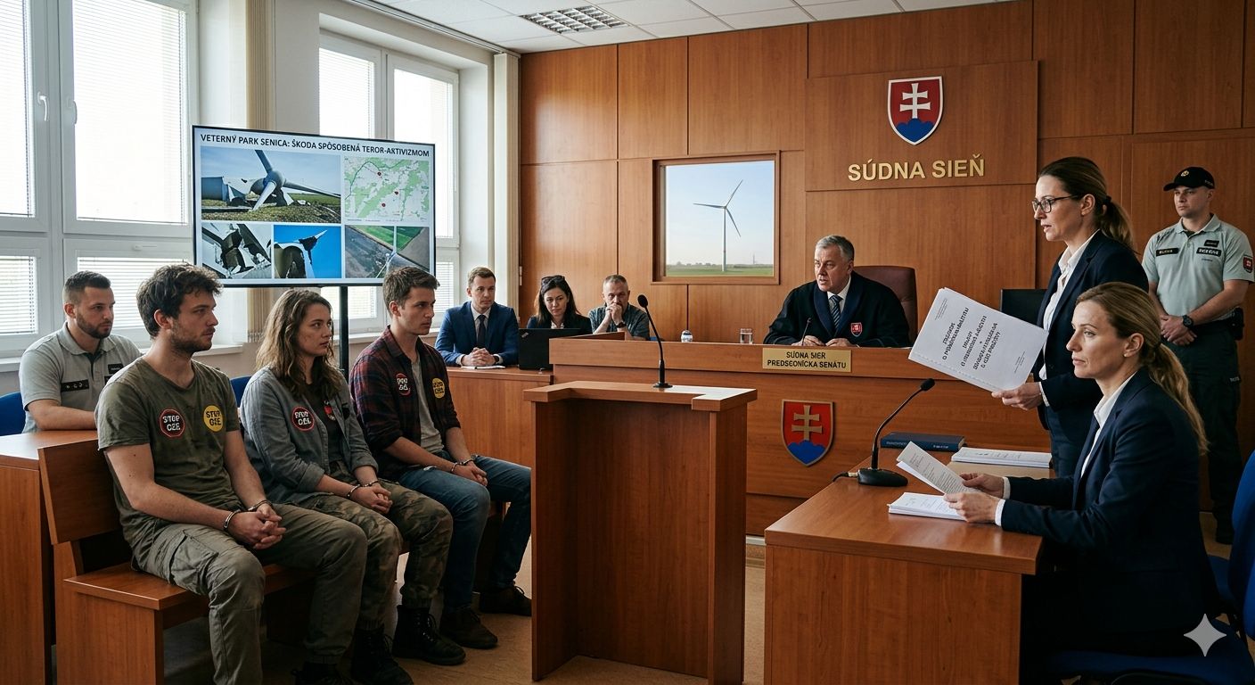 skupinka troch teror-aktivistov, ktorí poškodzovali veterné turbíny sedí na lavici obžalovaných pred sudcom