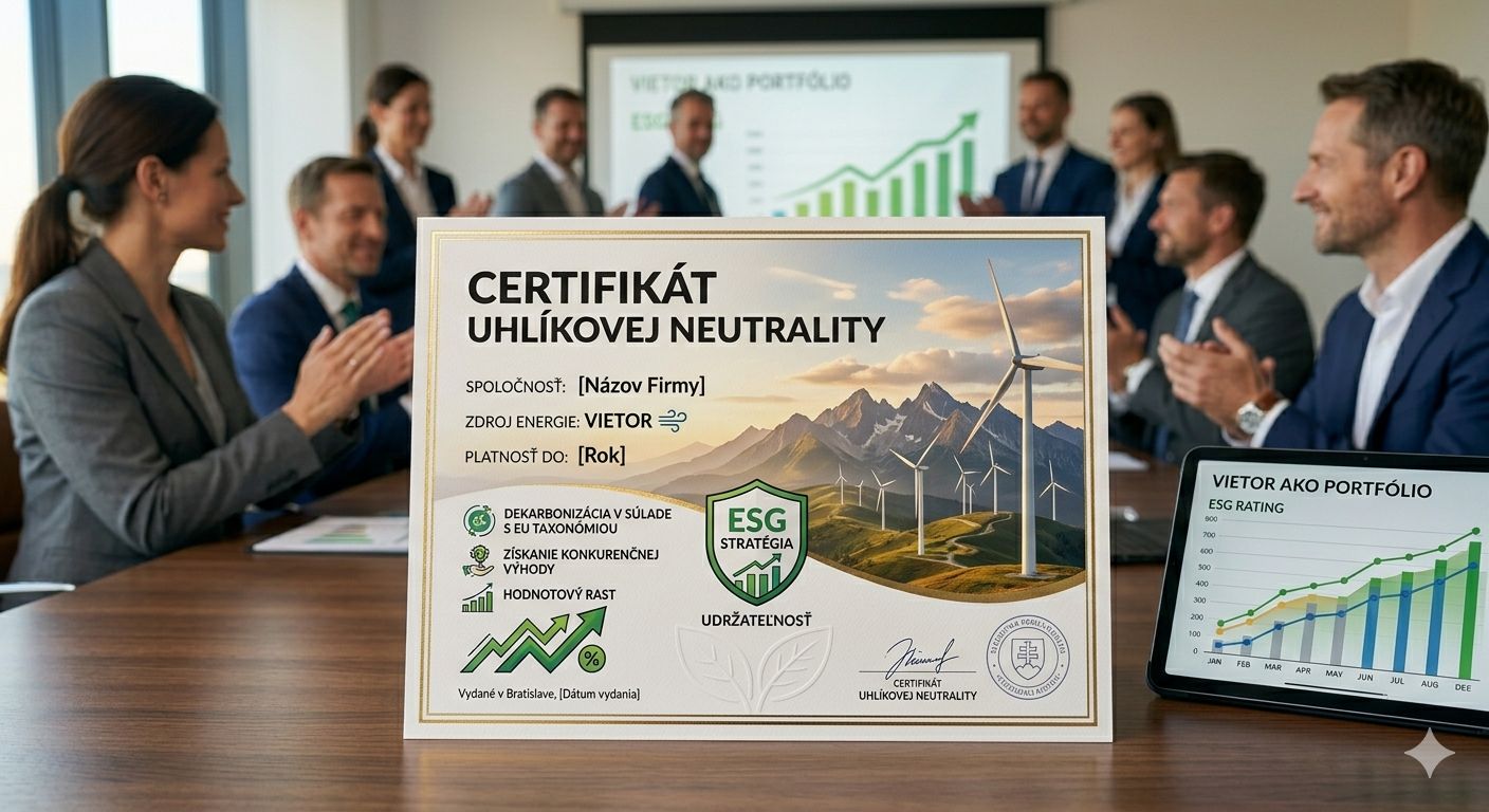Certifikát uhlíkovej neutrality s vizuálom turbín