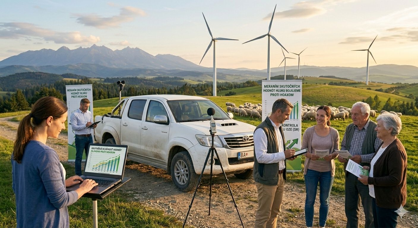 Inžinieri na Hiluxe s meracím zariadením hlučnosti v okolí turbíny