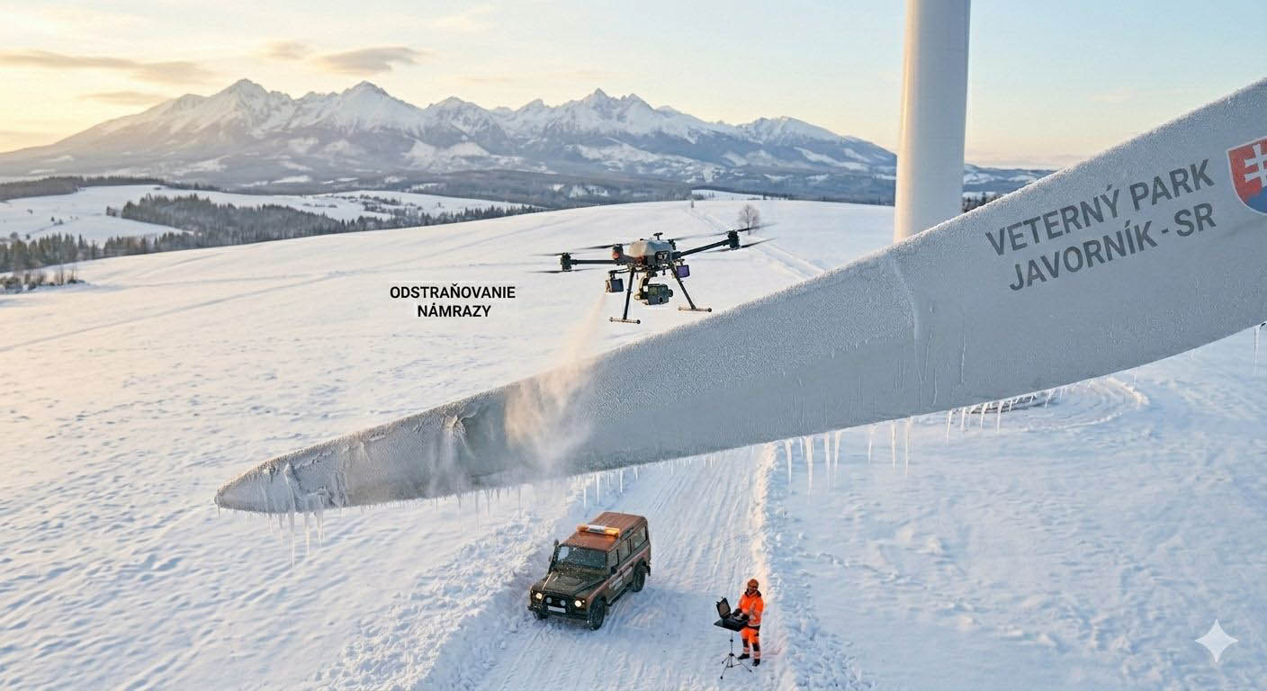 Technik vykonávajúci inšpekciu v zime a odstraňovanie námrazy lopatiek turbíny pomocou dronu