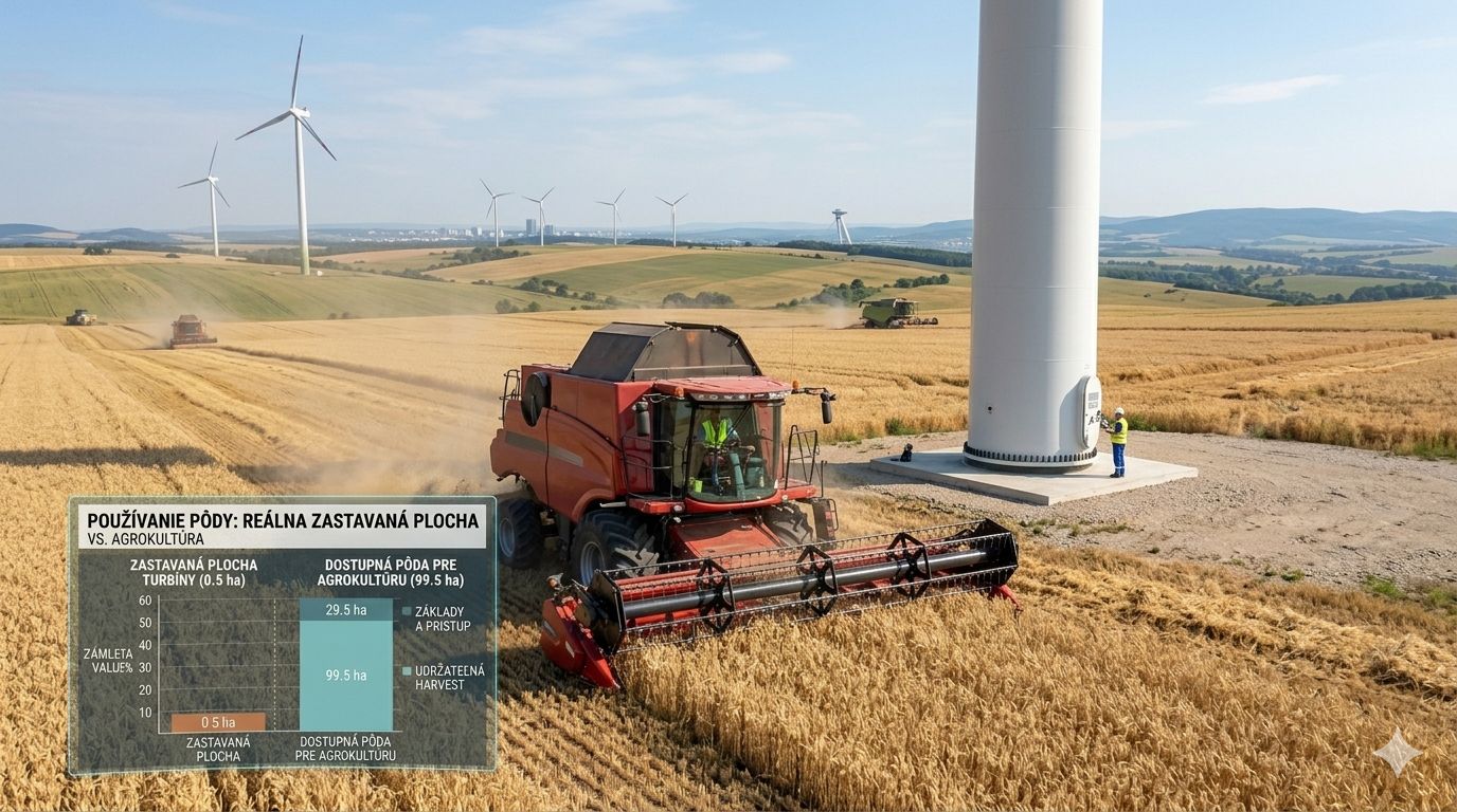Kombajn žne pšenicu v bezprostrednej blízkosti veže veternej turbíny