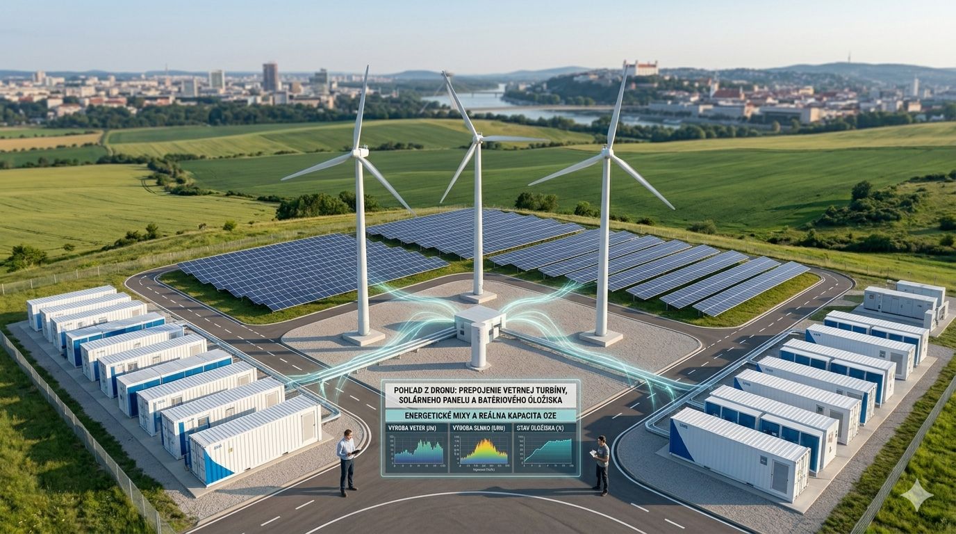 Pohľad z dronu prepojenie veternej turbíny, solárneho panelu a batériového úložiska