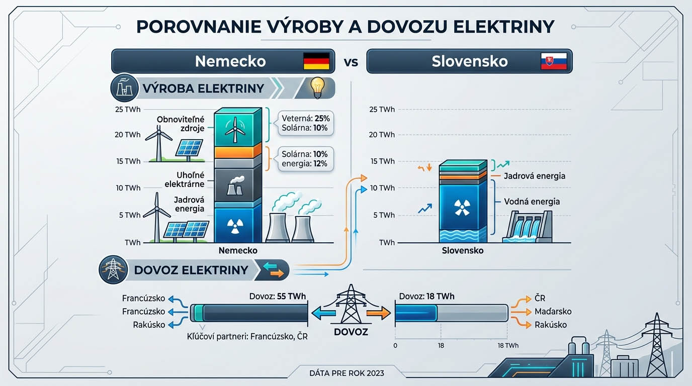 Infografika v modernej a prehľadnej forme porovnáva bilanciu výroby a dovozu elektriny medzi Nemeckom a Slovenskom.