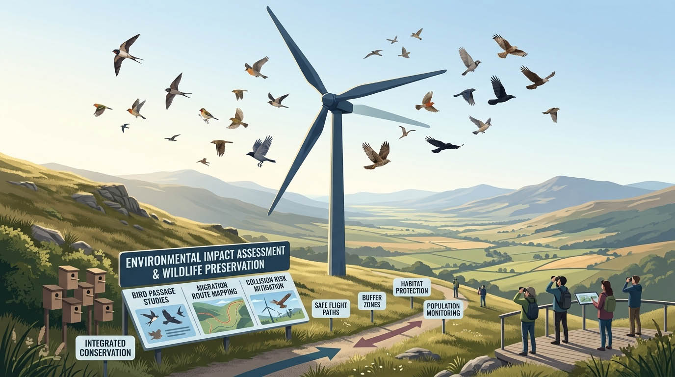Infografika - posúdenie vplyvov veterných turbín na životné prostredie, zelenú krajinu a vtáctvo.