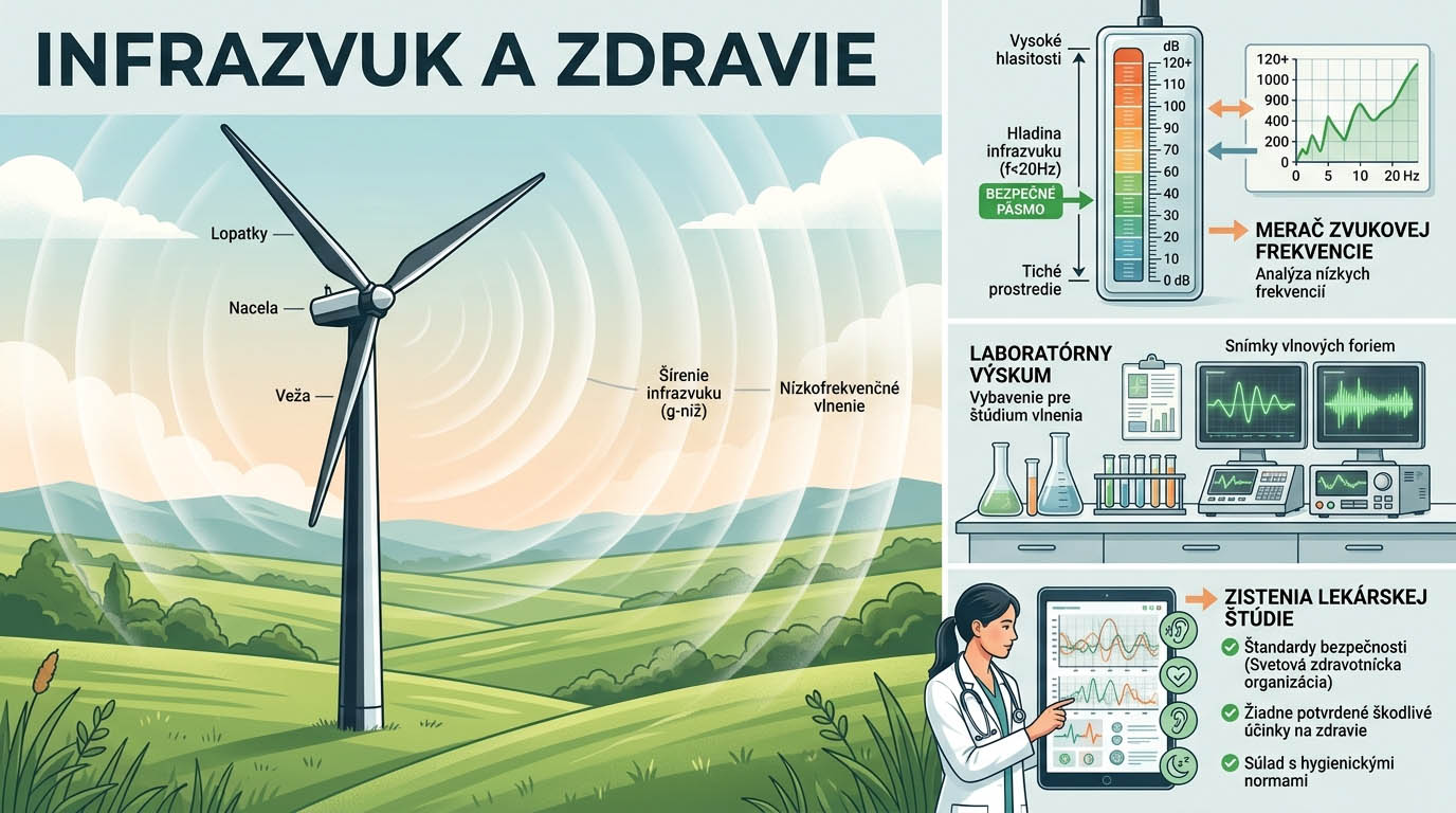 Grafika venovaná infrazvuku a jeho vplyvu na zdravie obyvateľov. Infografický štýl vizualizuje akustické merania, výskum sound-wave frekvencií a lekárske štúdie v modernej, vedeckej forme.
