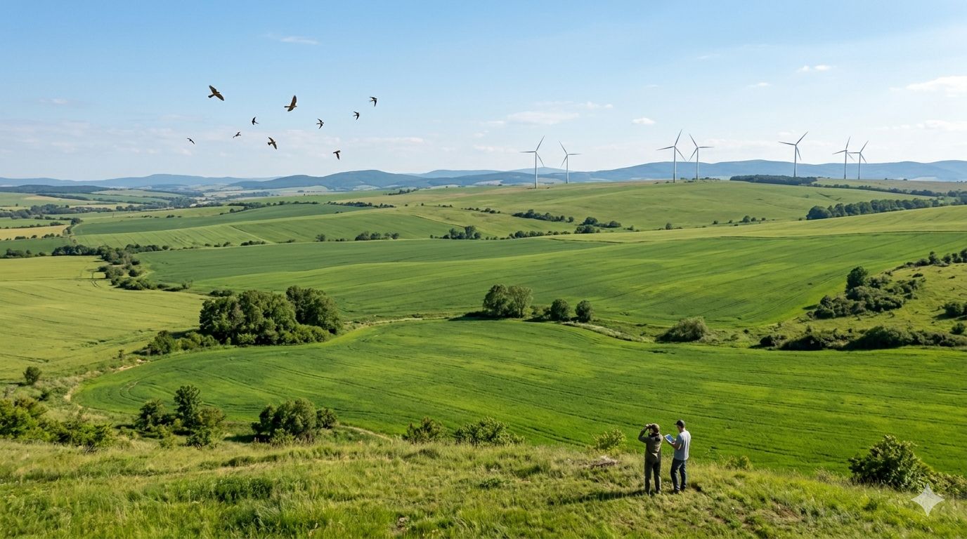 Pozorovanie vtákov v blízkosti veternej elektrárne v otvorenej krajine