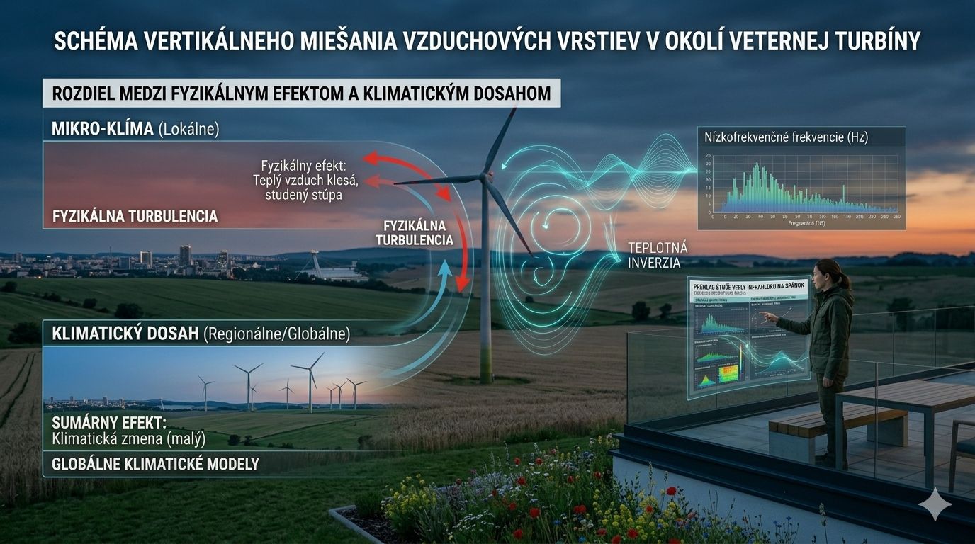 Schéma vertikálneho miešania vzduchových vrstiev v okolí veternej turbíny
